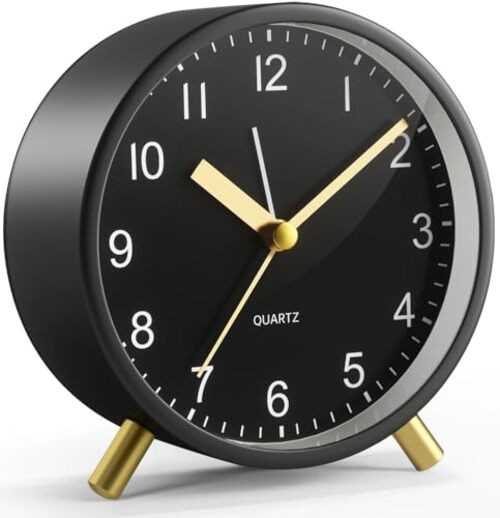 Analog Alarm Clock, Silent Non-Ticking with Night Light, Fashionable Black
