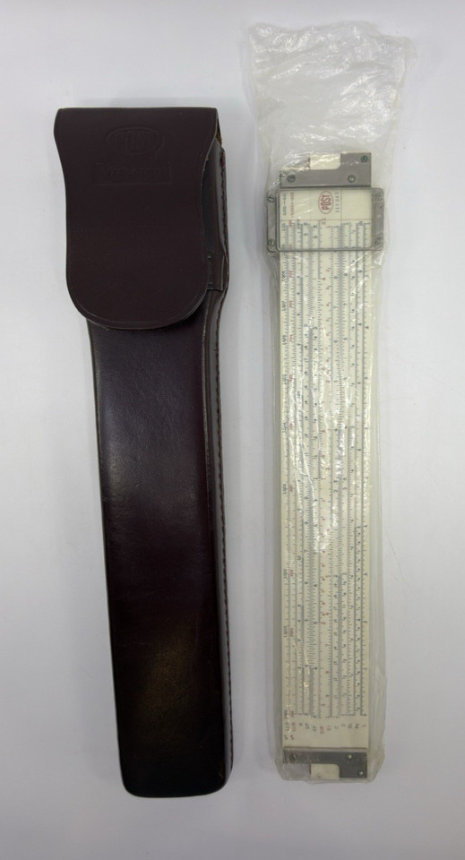 The POST Versalog was THE slide rule of American engineers in the Space Age — this one comes in its original leather pouch and box in great condition, a complete time capsule.