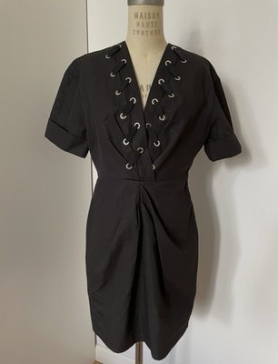 SANDRO Clara Sheath Dress FR38 US6 M Linen Blend Black Laces Grommet Trim