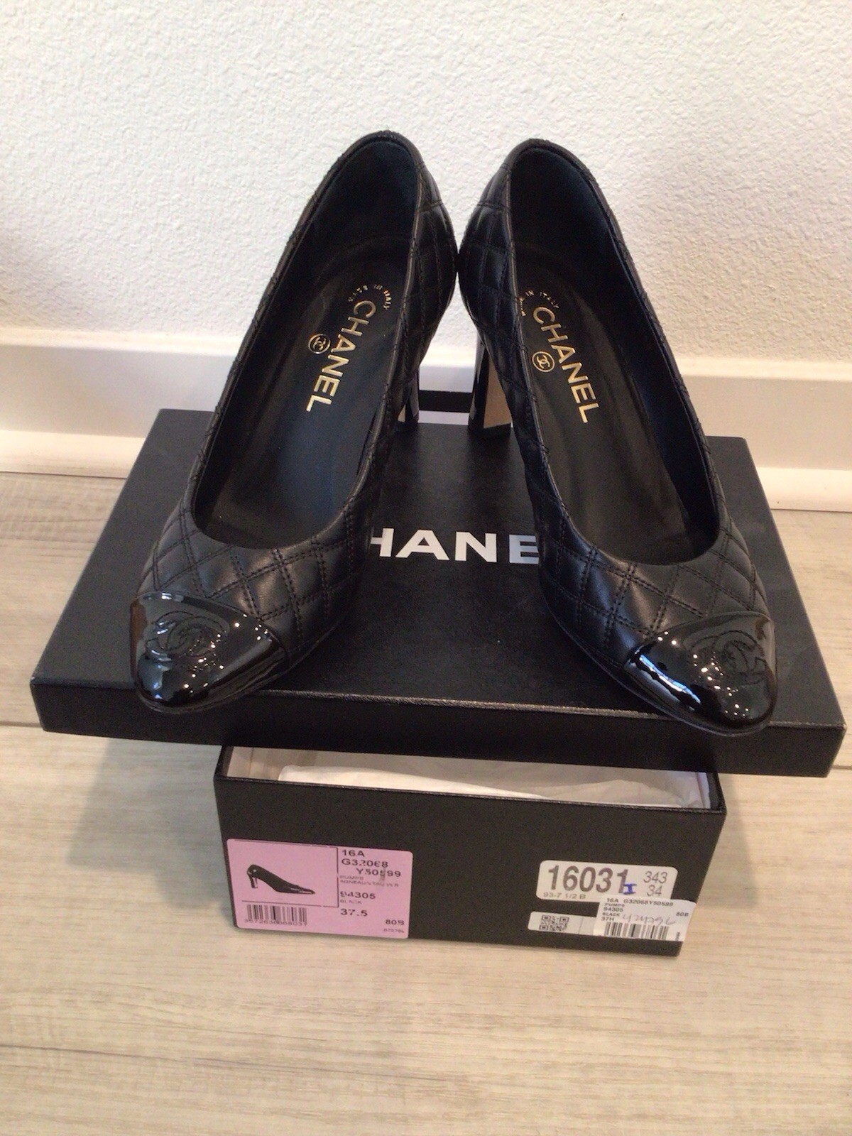 CHANEL 37.5 Patent Leather Cap Toe Block Heel Pumps Black