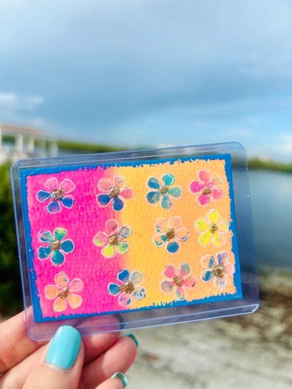 ACEO Original beach art flower power collage pink preppy mini painting