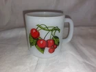 Vtg Glasbake Milk Glass Coffee Mug White W/Red Cherries VGC