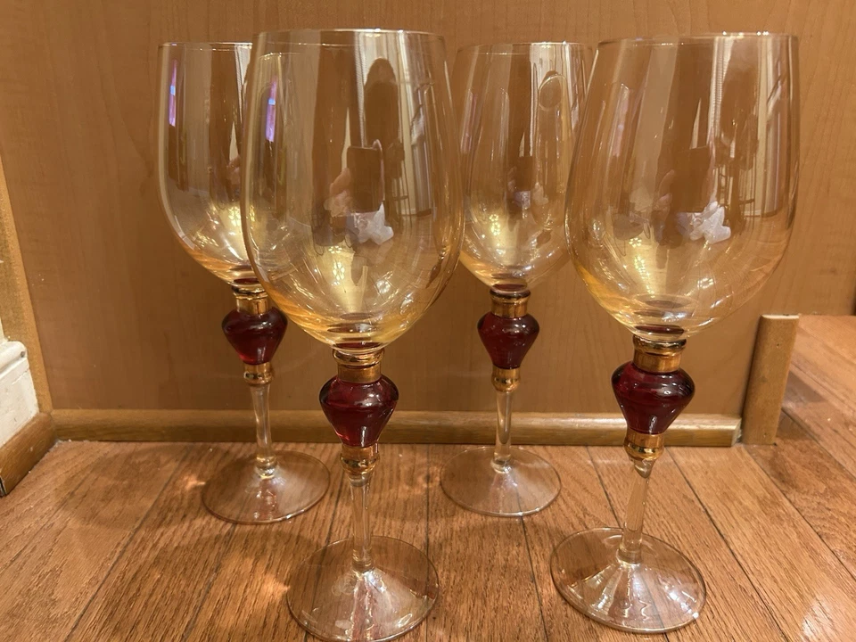 Set Of 4 Luster Ruby Red Jewel Blown Glass Wine Or Water Goblets 10.5” Pier One - Image 4 of 4