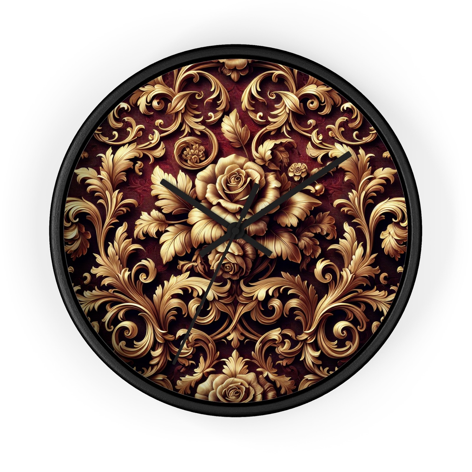 NEW Home Decor Wall Clock Luxe Damask Floral Pattern - Gold/Burgundy