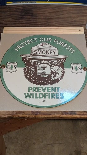 Vintage - Smokey Bear - Porcelain Sign - Gas Pump - Forest Station - 1951