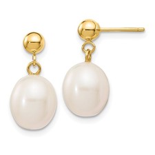 Real 14K Yellow Gold 8-9mm White Rice FW Cultured Pearl Post Dangle Earrings