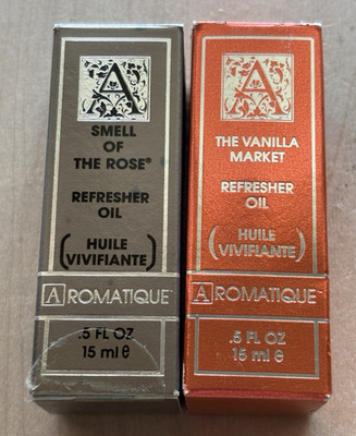 Vtg Aromatique Refresher Oil LOT of 2 Vanilla Market Smell of the Rose Unused