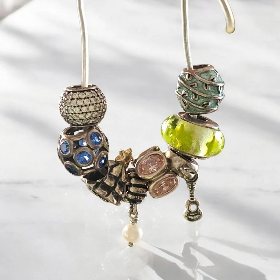 Pandora Pave Luces Rosa Ovalado Azul Árbol de Navidad Estrella Verde Vides Guitarra Perla Dije Foto 3 de 4