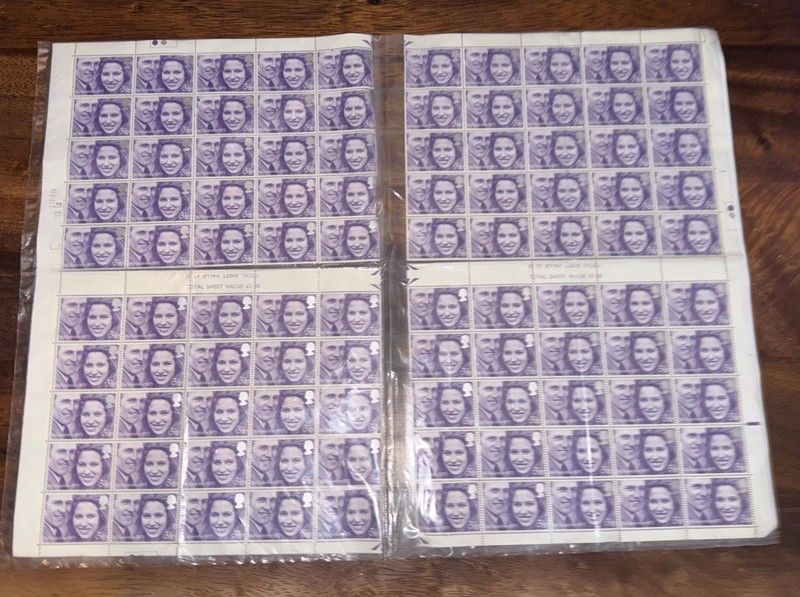 1973 Royal Wedding Princess Anne Full Sheet MNH - Cylinder 4A 2B - Plate Marking