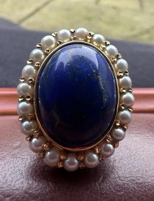 Cluster-Ring 19 kt Gold Porto Lapislazuli & Perle   9,71 Gramm   Größe - M
