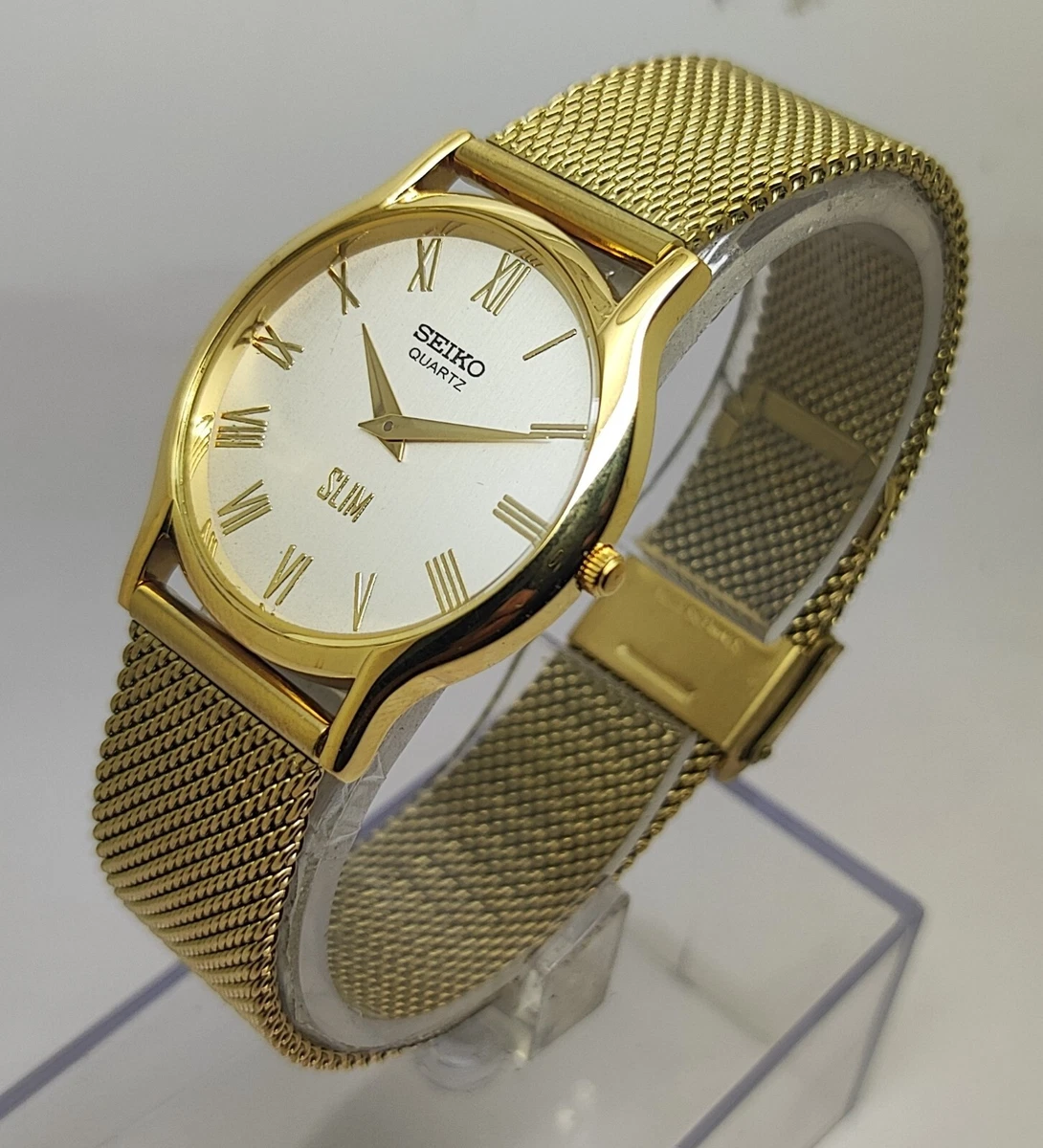 Seiko Quartz Super Slim Men Gold Plated Roman Silver Dial Wrist