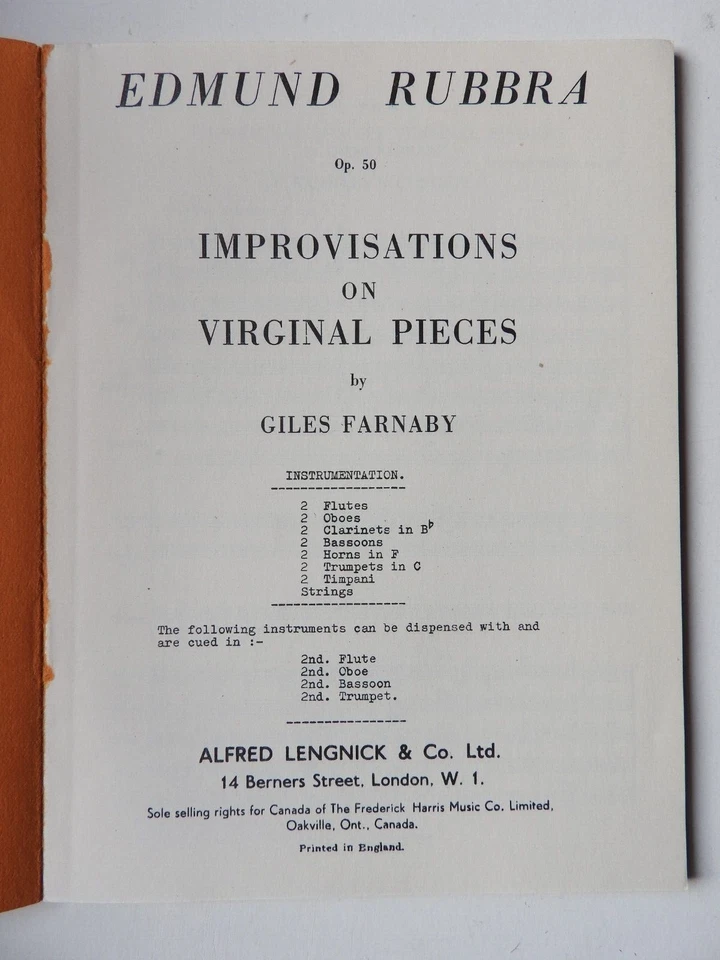 Edmund Rubbra - Improvisations on Virginal Pieces for Orchestra - study score - Image 2 of 3