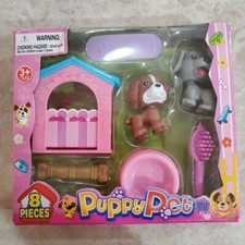 Cute Puppy Pet Toys 8 Piece Play-set w/ Food Bowl House Bone 2 Puppies New