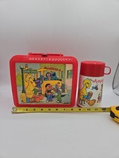 Vintage Red Sesame Street Plastic Lunch Box - Bus Stop Aladdin - Big Bird