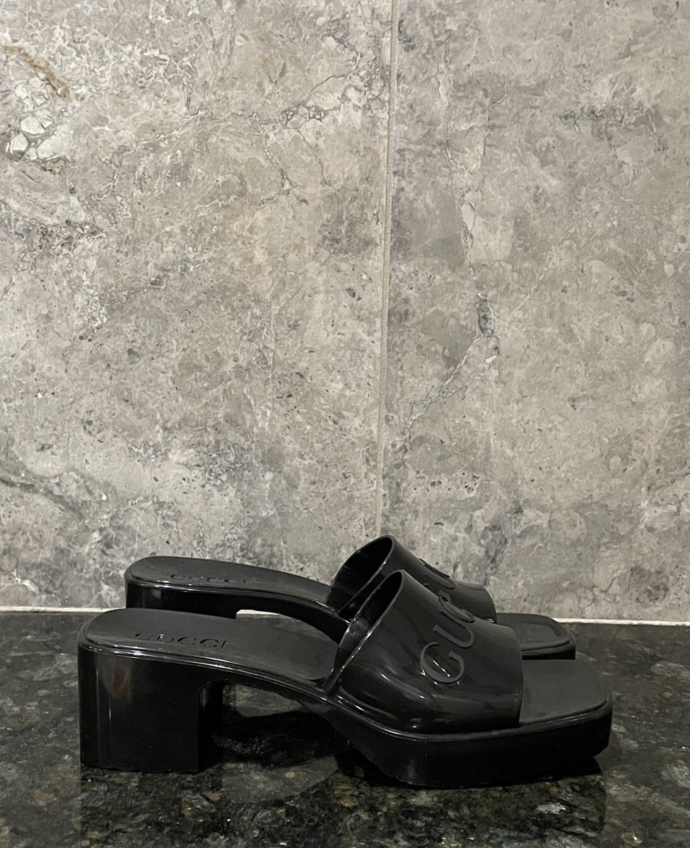 GUCCI 'Plastique' Logo Rubber Heeled Mule Slide Sandals Black 38