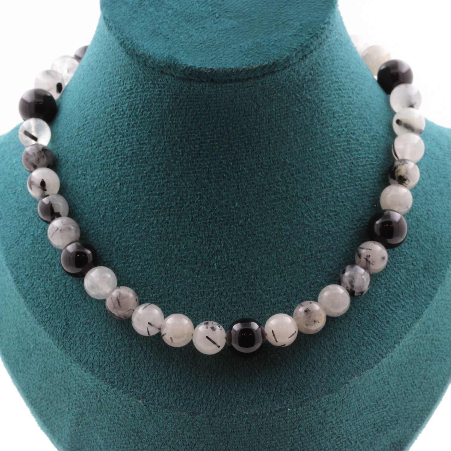 Collier quartz rutile noir et agate noire, idée cadeau bijoux en minéraux