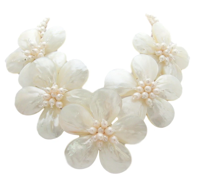 18"  3 Strands White Pearl Shell Flower Statement  Necklace - Image 2 of 4