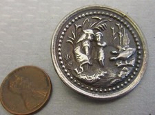 19C Antique Silver Metal Picture Button Children with Geese Ducks Scene Big 35mm