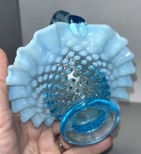 Vintage Fenton Blue Opalescent Hobnail Basket - Picture 7 of 15