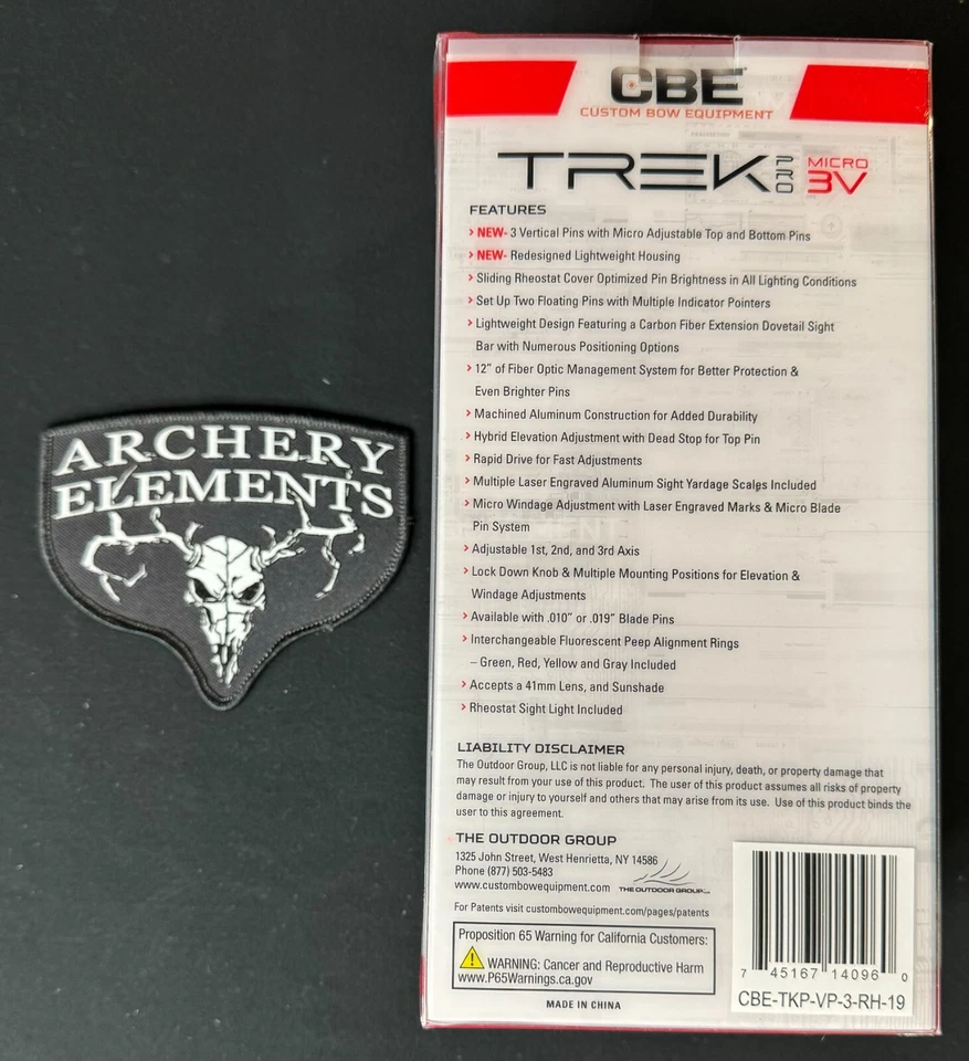 CBE Trek Pro Micro 3V .019 Archery Sight 3 Vertical Pins Right Hand New - Image 2 of 2