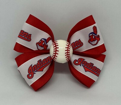 Hair Bow 4'' Wide Cleveland Indians Baseball Red Barrette, Clip or Ponytail