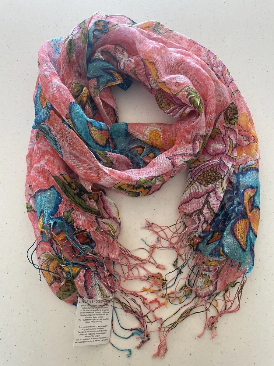 Codello Pink Floral Large 100 Linen scarf pashmina stole coral eBay