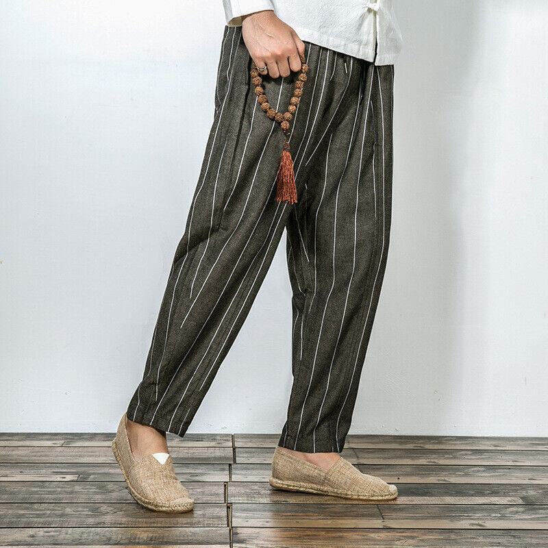 Men Chinese Style Trousers Striped Straight Legs Cotton Linen Casual Loose  Pants