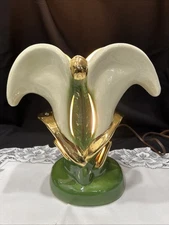 VTG ESCO-LITE TV CALILY TV Lamp green /gold/ Cream Ceramic 1950 unmarked 9.5”T￼