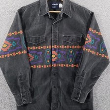 Vtg Wrangler Brushpopper Shirt Large 16 33 Black Aztec Southwest Rodeo Cowboy