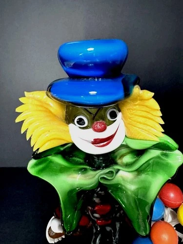 Vtg Murano Blown Glass Clown 12" Green Bow Tie Blue Top Hat La Serenissima/Label