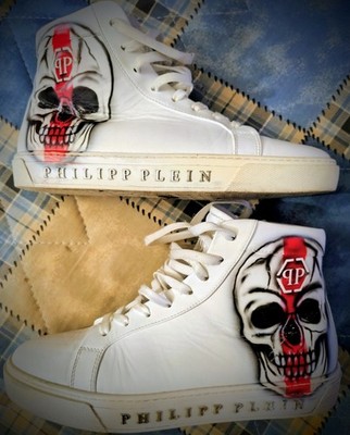 Philipp Plein Men's White Leather Skull High Top Sneakers Size EU 41 US 8 Italy