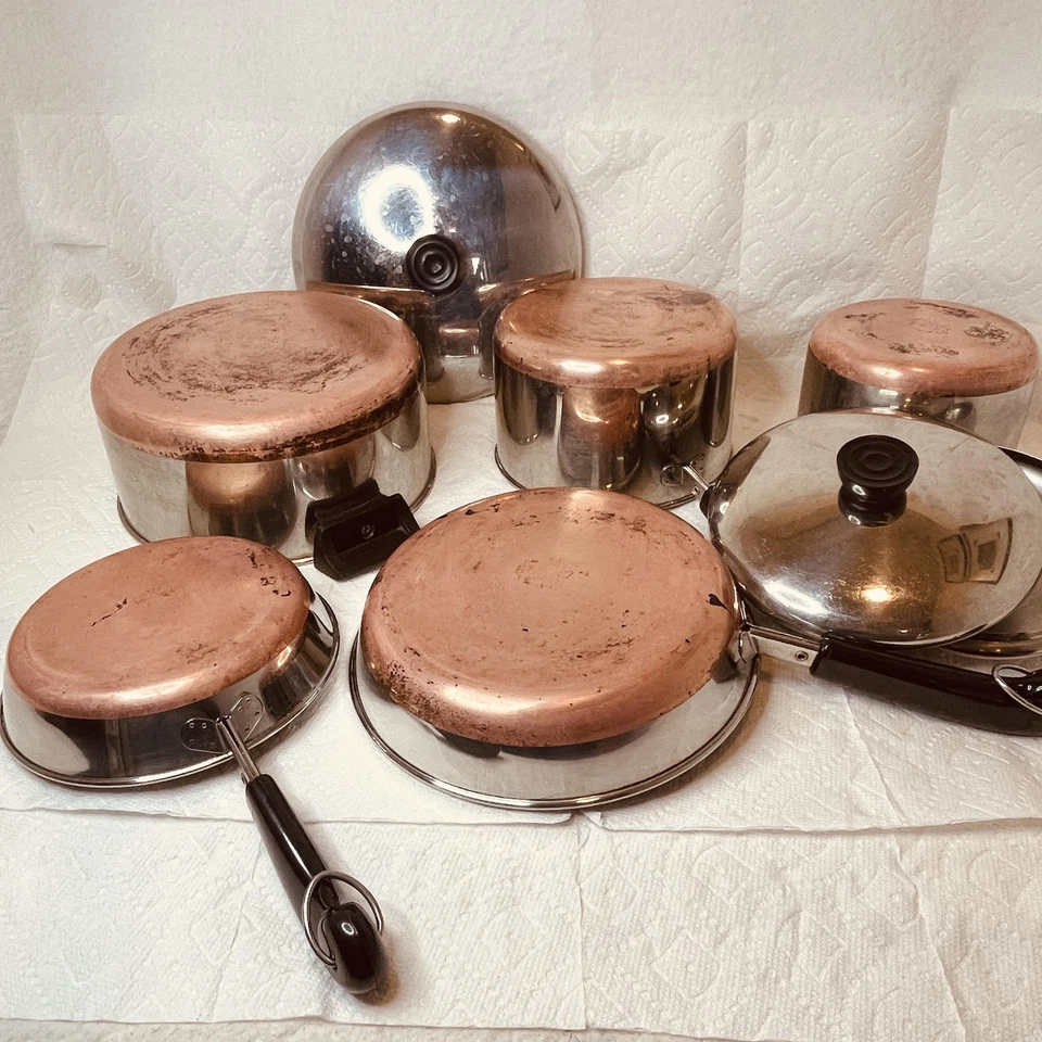 Juego de utensilios de cocina vintage Revere Ware 1801 con fondo de cobre hecho en Clinton IL EE. UU. 1984 Foto 2 de 4