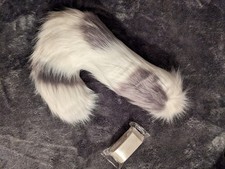 White, Gray Spotted Medium Length Furry Cat Tail With Curl And White Clip Belt