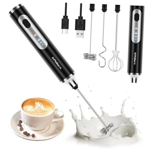 Milk Frother Wand Rechargeable, Handheld Coffee Drink Mixer Frother Foam Black