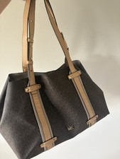 Michael Kors Large Carrie Shoulder Tote Bag Signature Tan Leather, Brown Dust