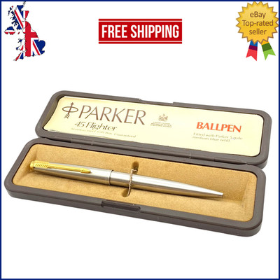 VINTAGE PARKER 45 FLIGHTER KUGELSCHREIBER IN BOX GEBÜRSTETES CHROM MADE IN ENGLAND