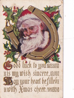 Good Luck Father Christmas Gold Horseshoe Holly Santa Claus lPostcard E49