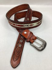 Vintage Hand Tooled Western Leather Belt Navajo Woven Inlay Engraved Buckle 40in