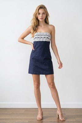 Lilly Pulitzer Bowen Dress Navy Strapless Lace Geometric Preppy Resort Mini 8 M