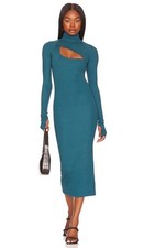 Alix NYC Clarkson Dress Size S Blue Ribbed Turtleneck Long Sleeve Cut Out Midi