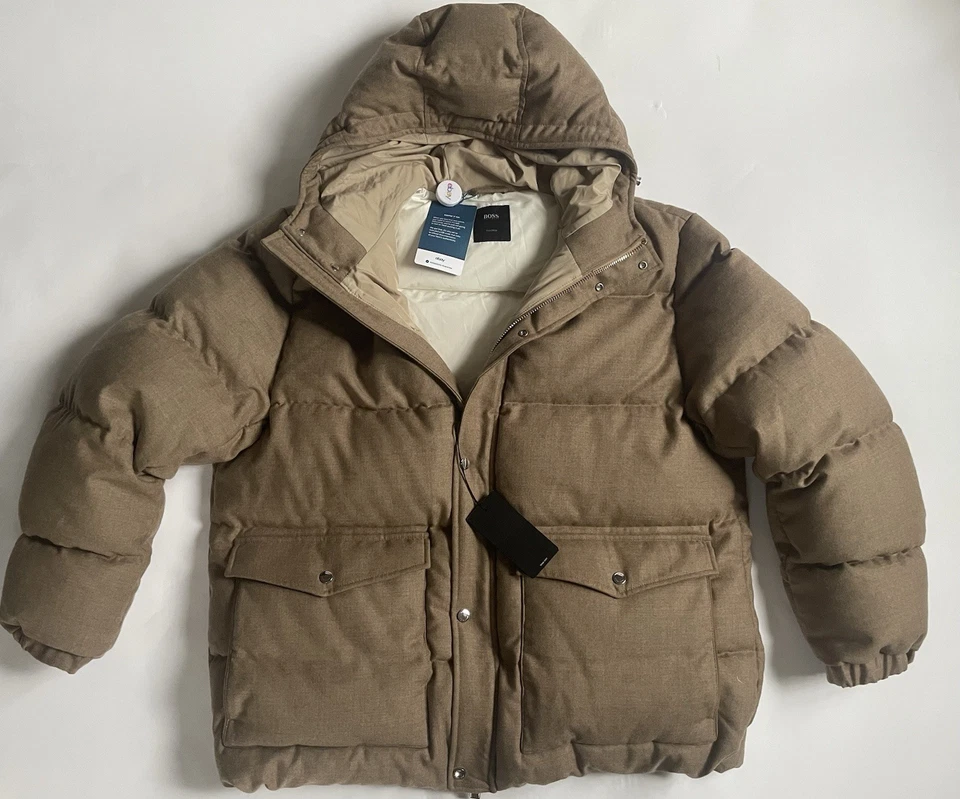 Hugo Boss Men's "T-Dolmero1" Beige 100% Wool Down Hooded Parka Jacket U.K. 56 - Image 2 of 4