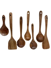 Handmade Wood Kitchen Serving Utensils Spatula Spoon Ladle Set of 7 Farmhouse