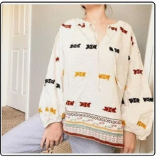 Lou & Grey For Loft Getaway Peasant Blouse White Womens XS 100% Cotton