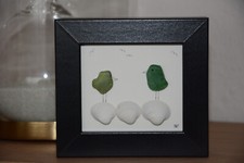 Seeglas-Bild "Vogelpaar auf Muscheln" - Strandglas Scherben Ostsee Geschenk