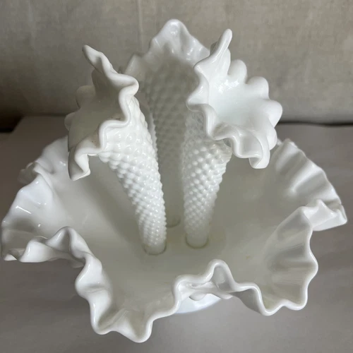 Vintage Ruffled Fenton White Milk Glass Hobnail 3 Horn Trumpet Vase Epergne