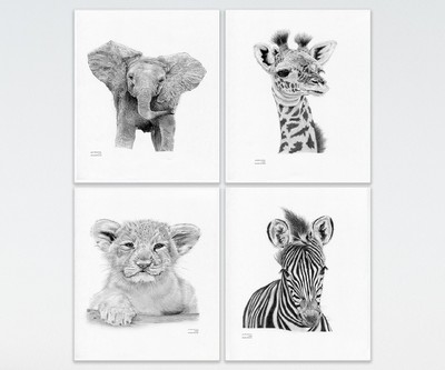 Nursery African Baby Wild Animals Safari Zoo Set Of 4 Ltd Ed Art Drawing Prints Ebay