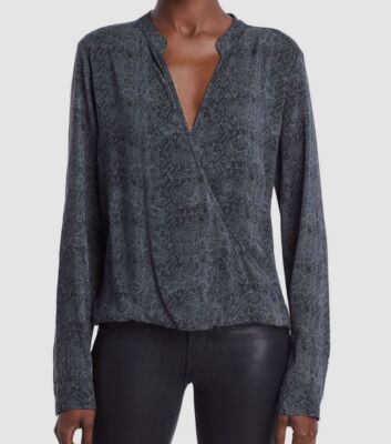 $128 Splendid Women's Gray Long Sleeve Python Print Surplice Blouse Top Size M