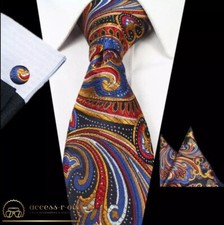 Mens Blue Red Paisley Tie, Matching Cufflinks Hanky Set