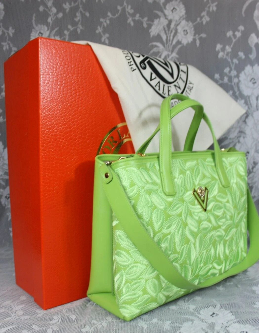 Borsa a tracolla Valentino Orlandi verde lime italiana in pelle ricamata nuova con etichette