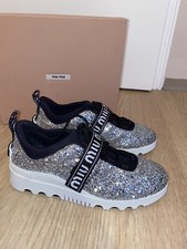 MIU MIU by PRADA Sneakers Gr 40,5 silber schwarz Glitter weiß Schnürschuh NEU